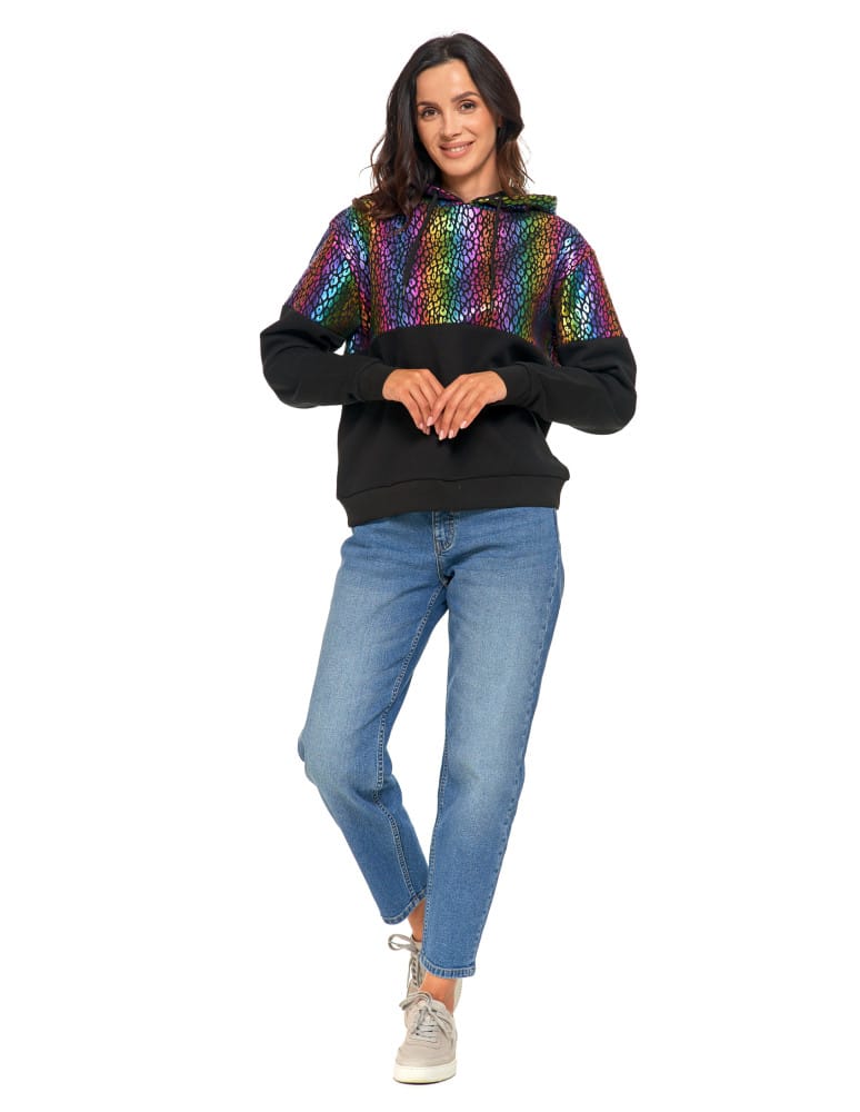 Bluzy damskie - Damska bluza z kapturem ocieplana z motywem graficznym WIELOKOLOROWY  - produkt moraj.pl 15