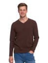 Koszulka męska longsleeve z dekoltem w serek i haftem BRĄZOWY