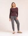 Bluzka damska bawełniana w prążek longsleeve BRĄZ