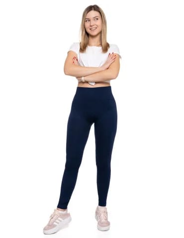 Legginsy damskie - Legginsy damskie z wysokim stanem prążkowane sportowe GRANATOWY - produkt 1