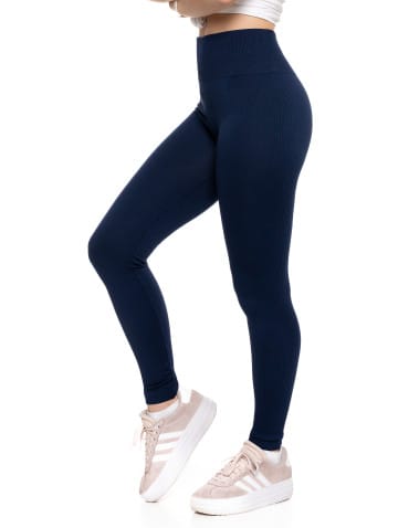 Legginsy damskie - Legginsy damskie z wysokim stanem prążkowane sportowe GRANATOWY - produkt 3