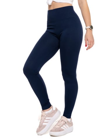 Legginsy damskie - Legginsy damskie z wysokim stanem prążkowane sportowe GRANATOWY - produkt 4