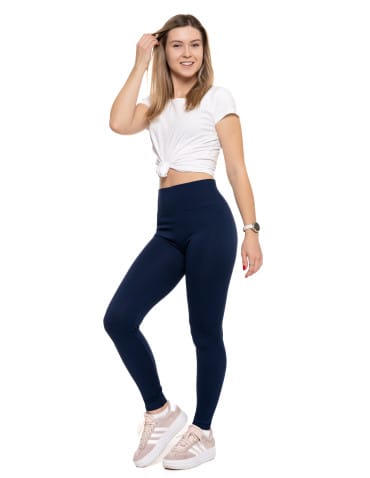 Legginsy damskie - Legginsy damskie z wysokim stanem prążkowane sportowe GRANATOWY - produkt 6