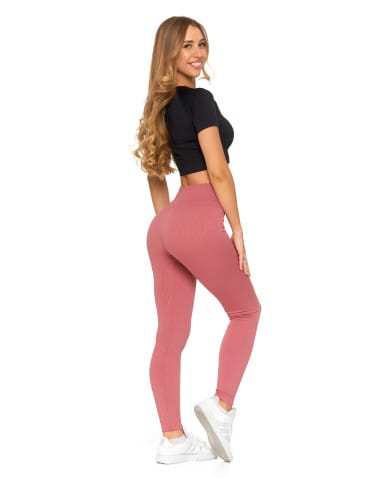 Legginsy damskie - Legginsy damskie z wysokim stanem prążkowane sportowe CZERWONY - produkt 2