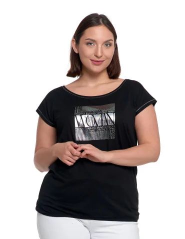 Bluzki i koszule - Koszulka damska oversize t-shirt z metalicznym nadrukiem CZARNY - produkt 1