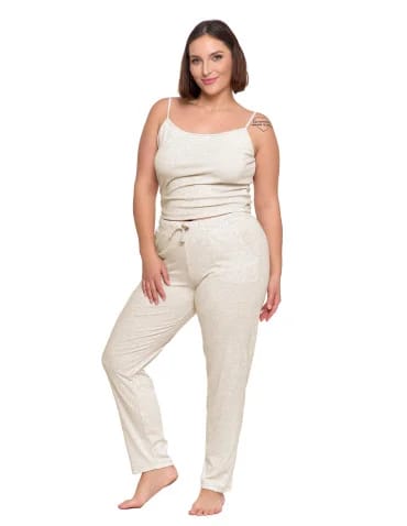 Piżama damska na ramiączkach prążkowana dzianina Plus Size - BEŻOWY