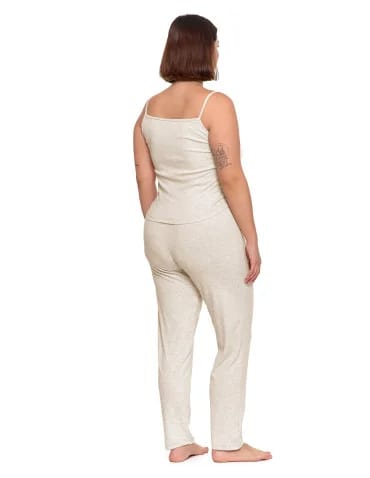 Piżama damska na ramiączkach prążkowana dzianina Plus Size - BEŻOWY  - produkt 2