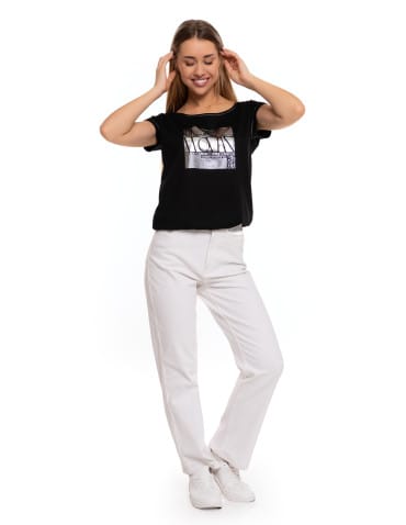 Bluzki i koszule - Koszulka damska oversize t-shirt z metalicznym nadrukiem CZARNY - produkt 11