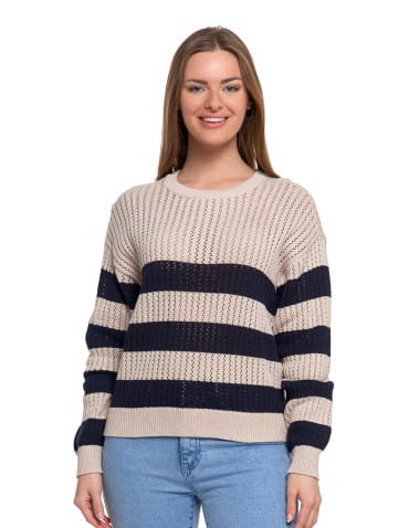 Swetry - Sweter damski ażurowy bawełniany w paski BEŻOWY - produkt 1