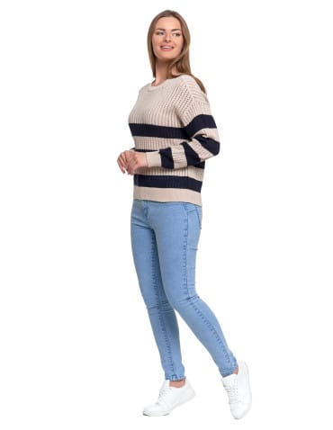 Swetry - Sweter damski ażurowy bawełniany w paski BEŻOWY - produkt 4