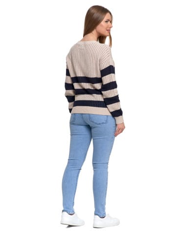 Swetry - Sweter damski ażurowy bawełniany w paski BEŻOWY - produkt 5