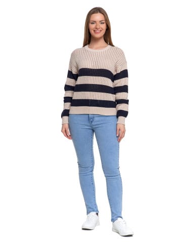 Swetry - Sweter damski ażurowy bawełniany w paski BEŻOWY - produkt 6