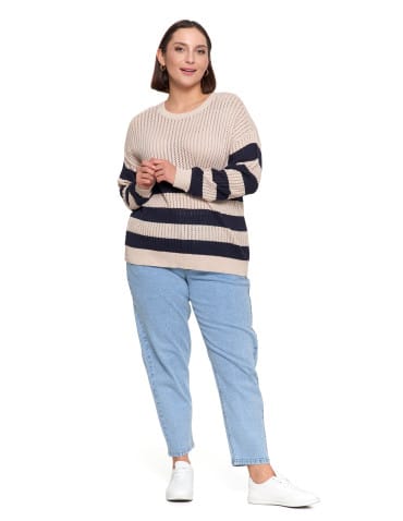 Swetry - Sweter damski ażurowy bawełniany w paski BEŻOWY - produkt 7