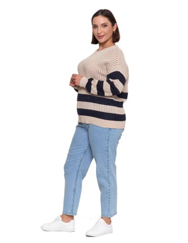 Swetry - Sweter damski ażurowy bawełniany w paski BEŻOWY - produkt 8