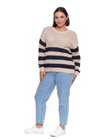 Swetry - Sweter damski ażurowy bawełniany w paski BEŻOWY - produkt 9