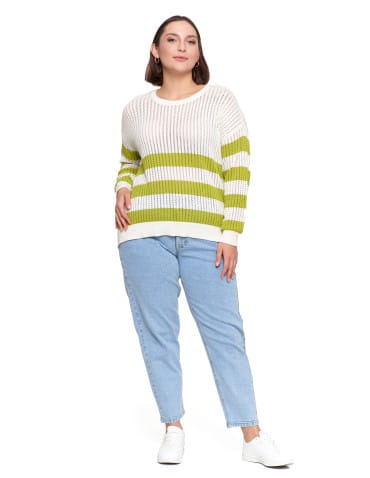Swetry - Sweter damski ażurowy bawełniany w paski BIAŁY - produkt 3