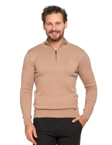 Męski sweter bawełniane ze stójką i zamkiem - BEŻOWY