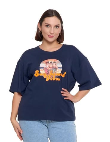 T-shirt damski oversize z nadrukiem - GRANATOWY