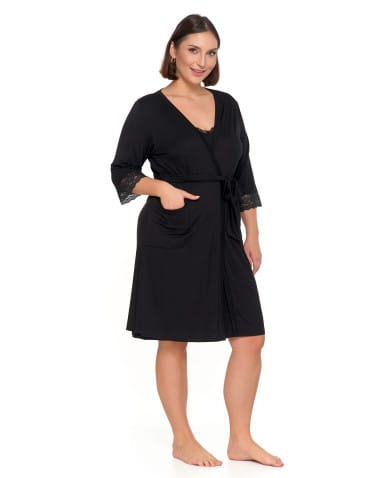 Szlafroki - Szlafrok damski Plus Size z koronką i kieszeniami CZARNY - produkt 2