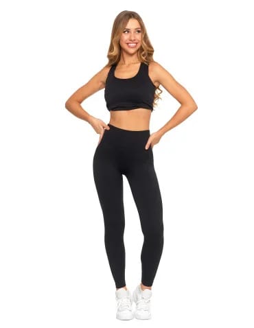 Legginsy damskie - Legginsy damskie o wysokim stanie z prążkowaną strukturą CZARNY - produkt 1