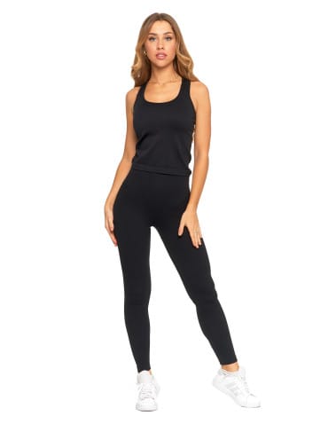 Legginsy damskie - Legginsy damskie o wysokim stanie z prążkowaną strukturą CZARNY - produkt 6