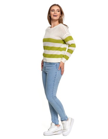 Swetry - Sweter damski ażurowy bawełniany w paski BIAŁY - produkt 8