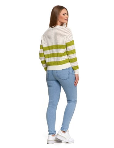 Swetry - Sweter damski ażurowy bawełniany w paski BIAŁY - produkt 9