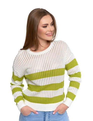 Swetry - Sweter damski ażurowy bawełniany w paski BIAŁY - produkt 11