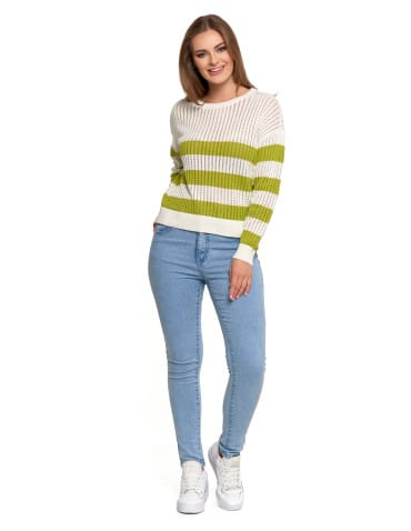 Swetry - Sweter damski ażurowy bawełniany w paski BIAŁY - produkt 12