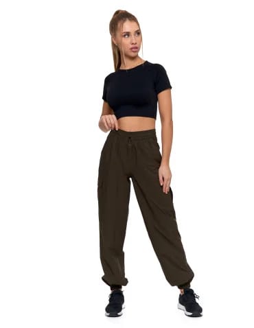 Spodnie damskie - Spodnie damskie bojówki parachute z wysokim stanem KHAKI - produkt 1