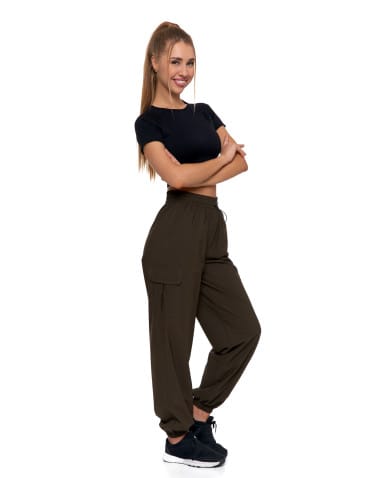 Spodnie damskie - Spodnie damskie bojówki parachute z wysokim stanem KHAKI - produkt 2