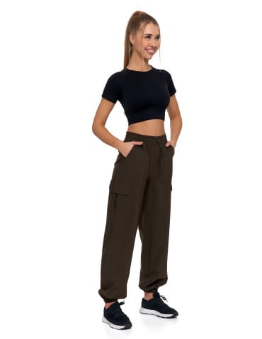 Spodnie damskie - Spodnie damskie bojówki parachute z wysokim stanem KHAKI - produkt 4