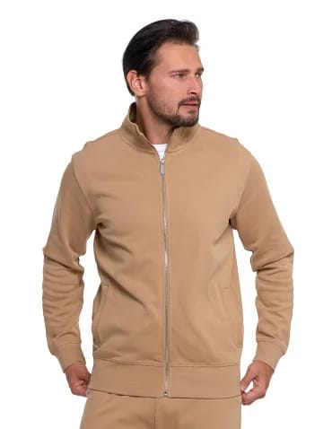 Bluzy męskie - Męska bluza dresowa ze stójką i zamkiem BEŻOWY - produkt 1