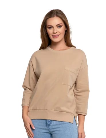 Bluzy damskie - Bluza damska z kieszonką o luźnym kroju BEŻOWY - produkt 1