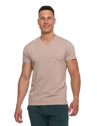 Koszulki i Tank Topy - Koszulka męska bawełna Premium T-shirt dekolt w serek BEŻOWY - produkt 1