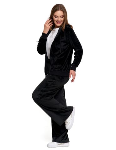 Bluzy damskie - Damska welurowa bluza z kapturem i zamkiem CZARNY - produkt 4