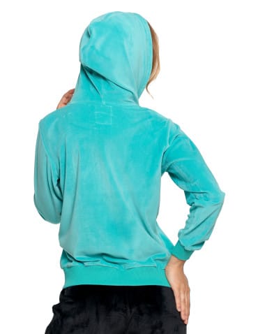 Bluzy damskie - Damska welurowa bluza z kapturem i zamkiem TURKUSOWY - produkt 4