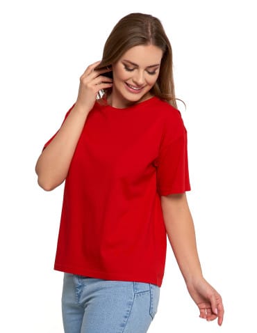 Koszulki i T-shirty - T-shirt damski z bawełny klasyczny z efektem peach touch CZERWONY - produkt 3