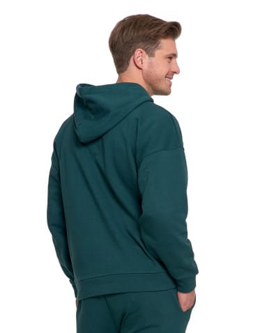 Bluzy męskie - Męska bluza dresowa z kapturem i haftem ocieplana ZIELONY - produkt 2