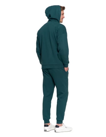 Bluzy męskie - Męska bluza dresowa z kapturem i haftem ocieplana ZIELONY - produkt 12