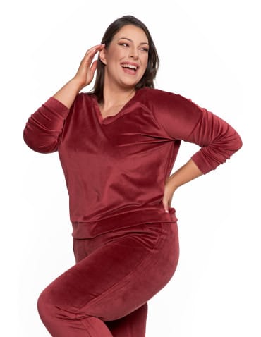 Bluzy damskie - Bluza damska welurowa klasyczna z dekoltem V BORDOWY - produkt 14