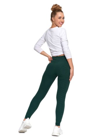Legginsy damskie - Damskie legginsy z wysokim stanem i prążkowaną strukturą ZIELONY - produkt 4