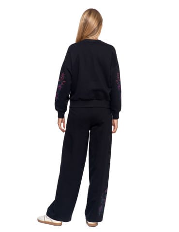 Bluzy damskie - Bluza dresowa damska ocieplana luźna z haftowanymi rękawami CZARNY - produkt 2