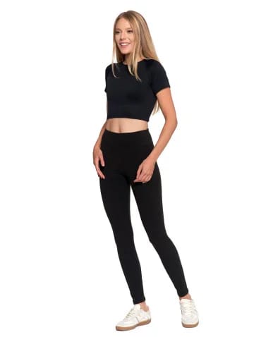 Legginsy damskie prążkowane z wysokim stanem - CZARNY - produkt 2