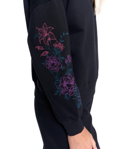 Bluzy damskie - Bluza dresowa damska ocieplana luźna z haftowanymi rękawami CZARNY - produkt 7