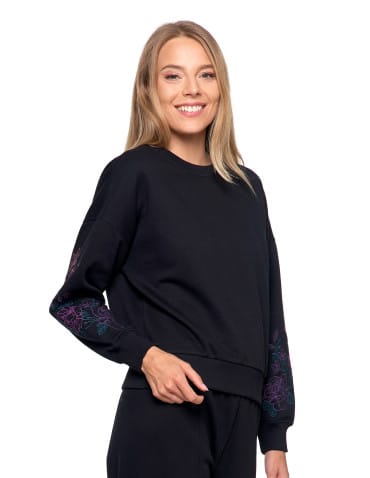 Bluzy damskie - Bluza dresowa damska ocieplana luźna z haftowanymi rękawami CZARNY - produkt 9