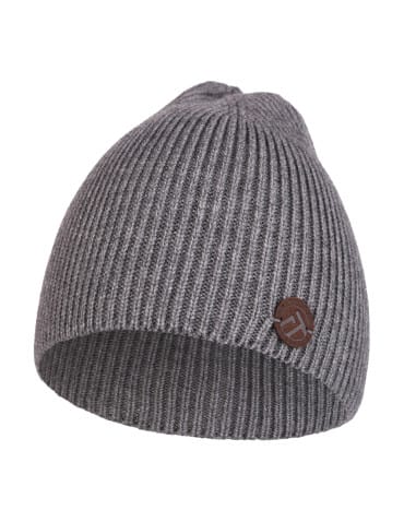Czapki przejściowe - Prążkowana czapka damska beanie z ozdobną naszywką SZARY - produkt 1