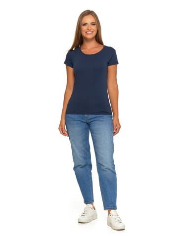 Koszulki i T-shirty - T-shirt damski bawełniany z kr&oacute;tkim rękawkiem jednokolorowy GRANATOWY - produkt 5