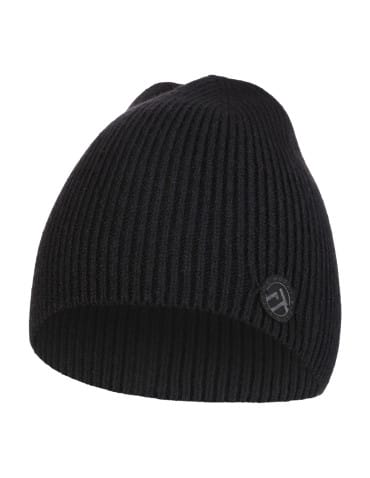 Prążkowana czapka damska beanie z ozdobną naszywką - CZARNY