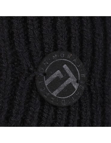 Prążkowana czapka damska beanie z ozdobną naszywką - CZARNY  - produkt 2